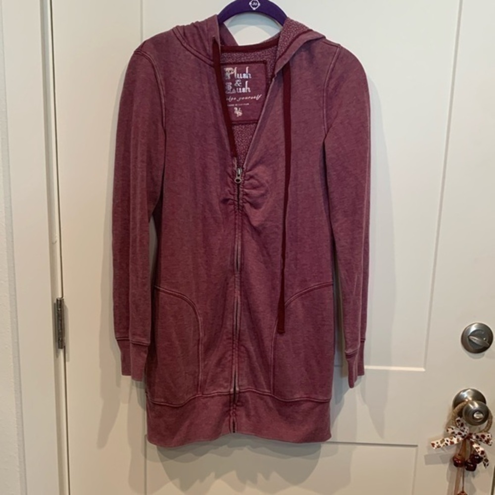 Plush & Lush Indulge Yourself Maroon Utility Jacket, front zipper, Side Pockets.